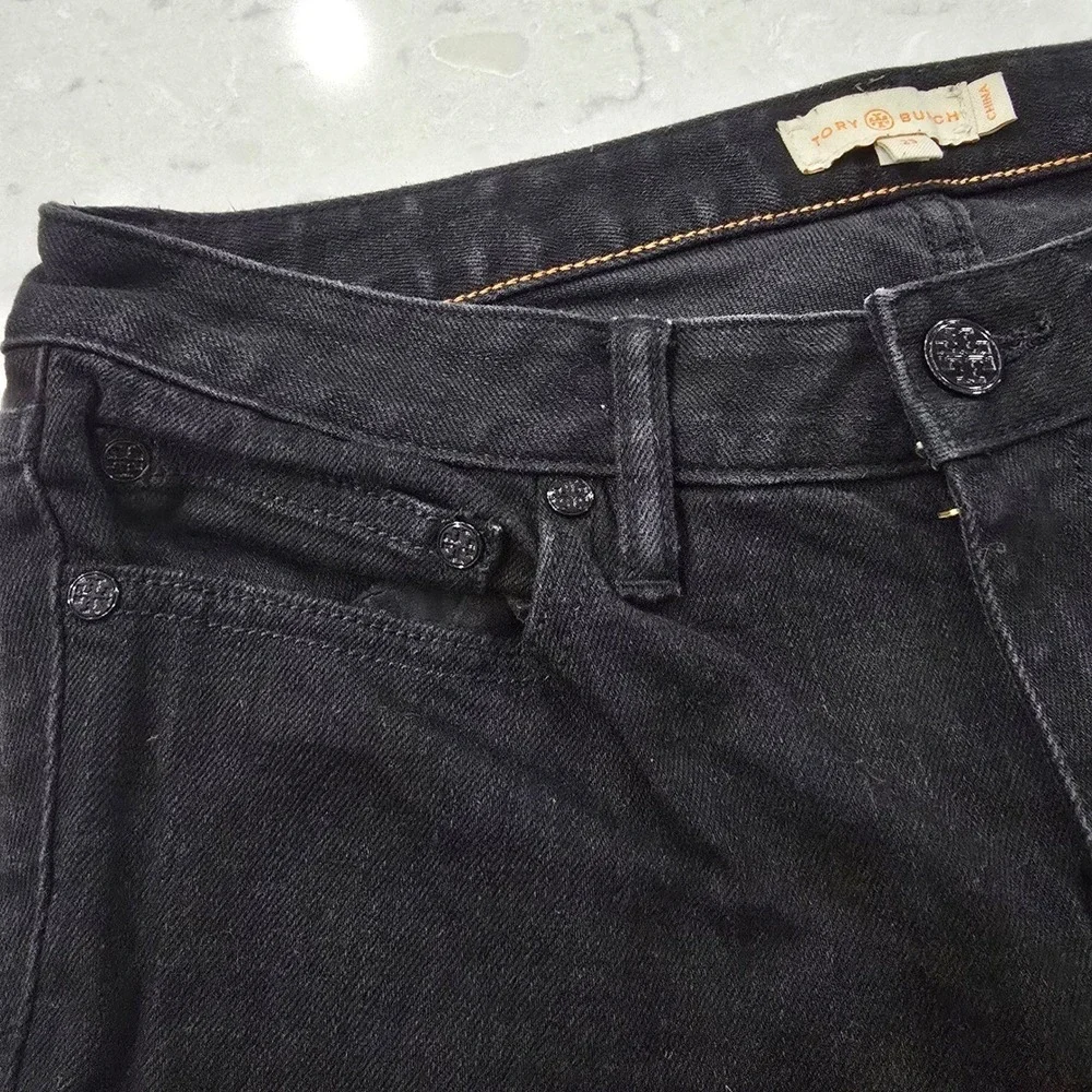 Tory Burch Super Skinny Jeans Black Denim Logo Hardware Womens Size 29